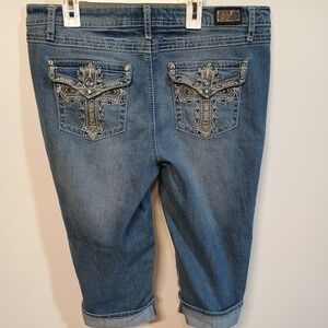 EARL Jean Womens 12 Blue Stretch Chunky Stitch Capri Straight Embellished Pocket